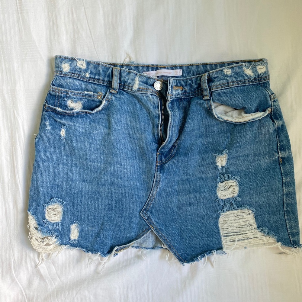 Zara Trafaluc Denim Ripped Mini Skirt